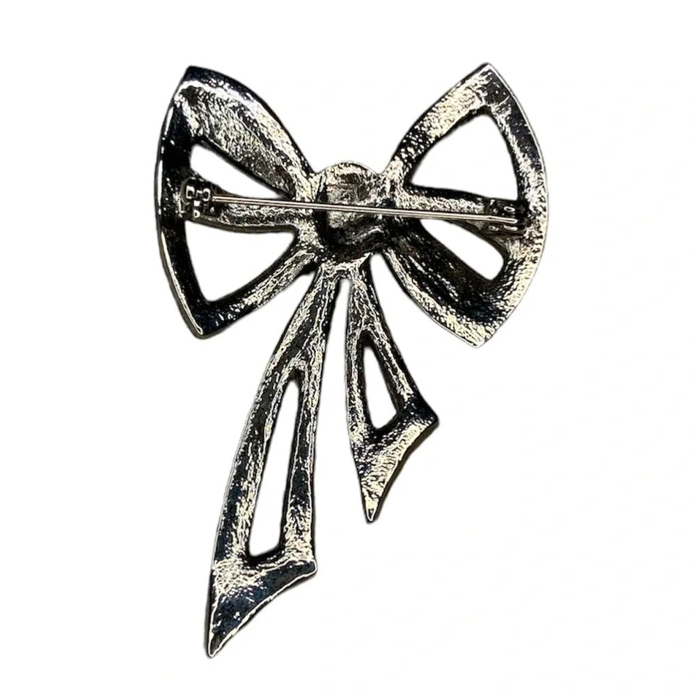 Rhinestone Bow Brooch Silver Pin Retro Vintage Art Deco Classic Cottagecore